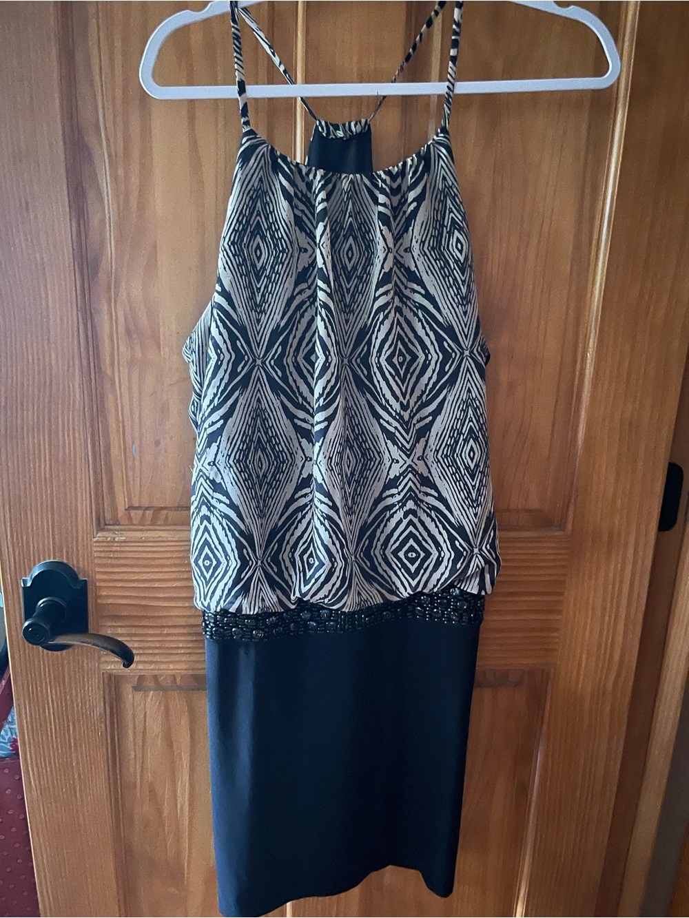 Bisou Bisou Black and Cream Halter Mini Dress with Beaded Waist